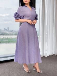 Feyla V-Neck Waist Cinching Hand-Crafted 3D Flower Cinched Waist Elegant Comfy Summer Dress For Work And Everyday - Purple - View 5