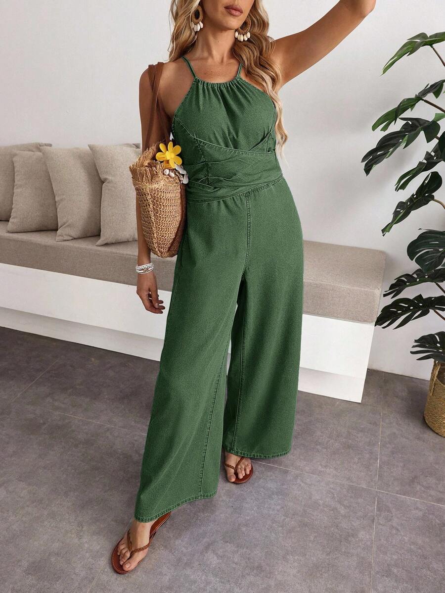 Breezaya 女式夏季休闲褶皱纯色抽绳无袖连体裤 - 綠色 - 查看 1