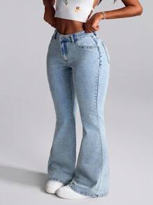 Slaydiva 大码女式花卉刺绣口袋休闲时尚喇叭牛仔裤 - 藍色 - 查看 3