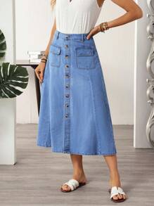 EMERY ROSE Chân váy denim đơn hàng túi hộp thường ngày cho nữ - Màu xanh lam - Xem 6