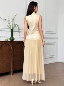 EastFlair Đầm dài không tay cổ vuông thêu hoa cho nữ, phong cách Trung Hoa thanh lịch - Màu be - Xem 6