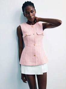 Maija 女士粉色和金色编织粗花呢面料百搭无袖圆领西装外套，办公室/休闲/商务西装外套 - 淺粉色 - 查看 5