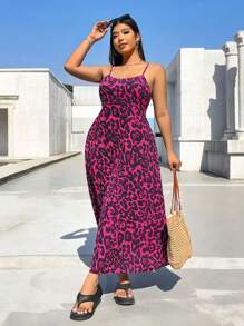 SHEIN EZwear Plus Size Leopard Print Sleeveless Backless Dress With Adjustable Waist And Hidden Zipper, Spring/Summer,Summer Dresses For Women,Maxi Dress