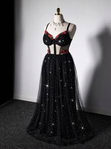 Viva Relle Damen Große Größen symmetrisches Blumen Große Größen Swing Trägerkleid - Schwarz - Übersicht 2