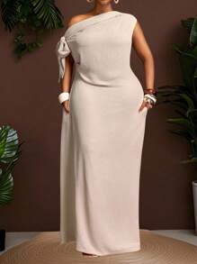 Veslaya Vestido de unicolor talla grande, uso casual y de vacaciones para uso diario, primavera/verano - Albaricoque - Ver 1