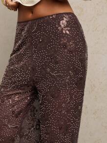 SHEIN BAE 女士花卉亮片装饰宽腿宽松优雅裤 - 棕色 - 查看 3