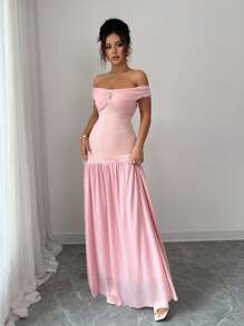 Elenzga Women's Off Shoulder Elegant Contrast Mesh Dress, Summer - Pink - View 4