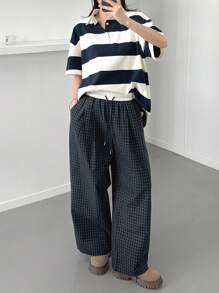 FRIFUL 女士撞色弹力腰抽绳格子直筒裤带口袋休闲裤，秋季款 - 彩色 - 查看 2