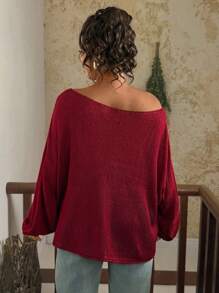 SHEIN VCAY Plus Size Women's Solid Color Voluminous Floral Decor Oblique Shoulder Pullover Sweater In Fall/Winter - Burgundy - View 2