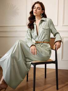 Briarwyn Sage Green Elegant Office Long Sleeve Maxi Shirt Dress,Autumn Fall Clothes For Women,Solid Color Extra Long Fashionable Commute Old Money Outfits - Green - View 8
