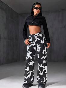 EURMUSE LOW WAIST WIDE LEG CASUAL DENIM JEANS Cow Print Pants Cow Print Outfit Women Y2k Women Two Pieces Outfits Star Pants Rockstar Outfit Women,Trousers - Blue - View 3