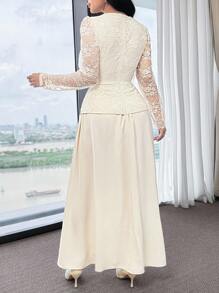 Feyla 女士优雅撞色蕾丝腰收腰圆领长裙 - 杏色 - 查看 2
