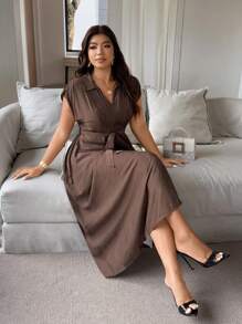 Vionelle 大码女式优雅休闲衬衫裙，立领，腰带，短袖，咖啡色，适合工作、度假、下午茶、音乐节 - 咖啡棕 - 查看 5