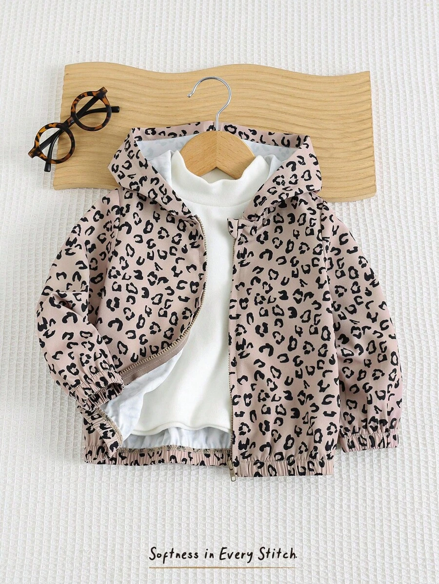 Cozy Pixies 女婴豹纹连帽长袖休闲夹克，百搭 - 卡其色 - 查看 1