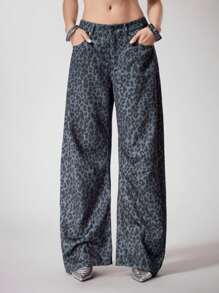 N_Standard Grey-Black Leopard Denim Effect Loose Wide Leg Casual Pants For Women Suitable For Summer Fall Winter Rave Festival Leopard Print Pants Women Wide Leg Pants Women Pants Animal Print Pants Summer Pants High Waisted Pants Printed Pants Y2K 2000s Back To School Club Women Sexy