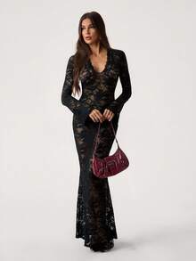 SHEIN Tall Spring Solid Black Lace See-Through Sexy Simple Elegant Deep V-Neck Long Sleeve Ruffles Women Tight Slim Mesh Women Maxi Dress Suitable For Valentine's Day Dress, Party Dress, Romantic Date Dress, Wedding Bridesmaid Dress, Prom Dress, Daily Commuting Dress, Black Dress, Birthday Dress, Autumn And Winter Black Lace Maxi Dress Black Lace Bodysuit Long Sleeve Lace Dress Night Out Dress Long Black Dress