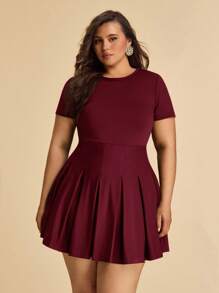 SHEIN BAE 大码女装、曲线服装、夏季海滩度假服装、约会、外出、音乐节、乡村音乐节、派对聚会、节日服装、演唱会服装、狂欢派对服装、节日服装、INS 风格服装、卡其色西装裤、办公室服装、通勤服装、工作服、短袖迷你连衣裙 - 酒紅色 - 查看 5