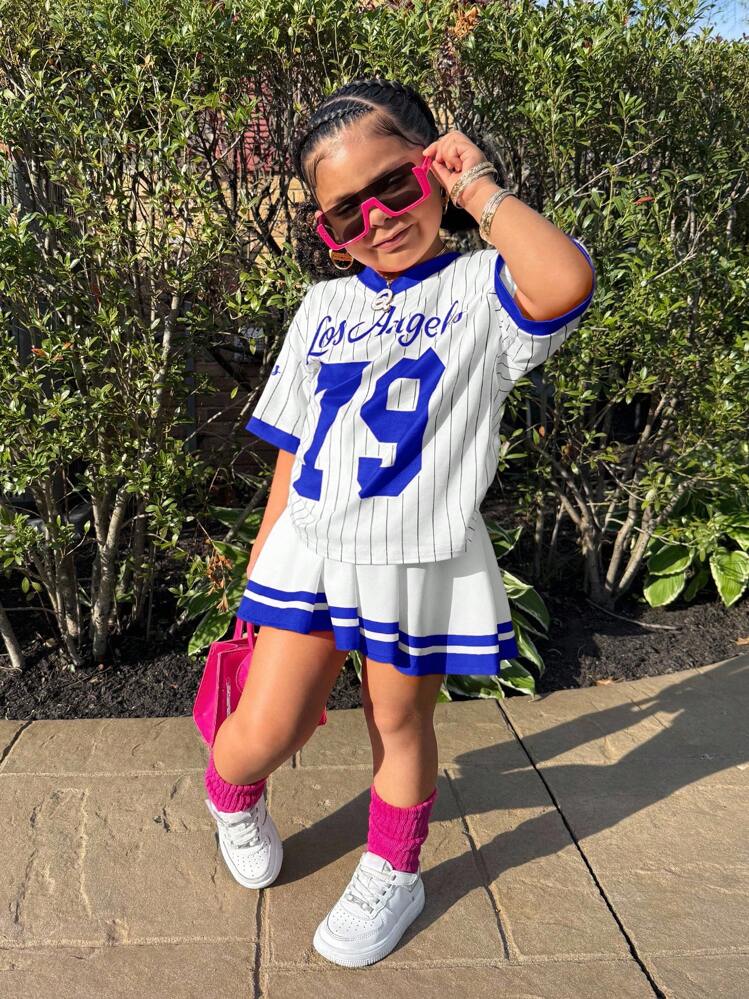 年轻女孩 2 件套运动衫女婴套装、数字印花 T 恤和裙子套装、休闲日常时尚百搭街头服饰 - 藍色 - 查看 5