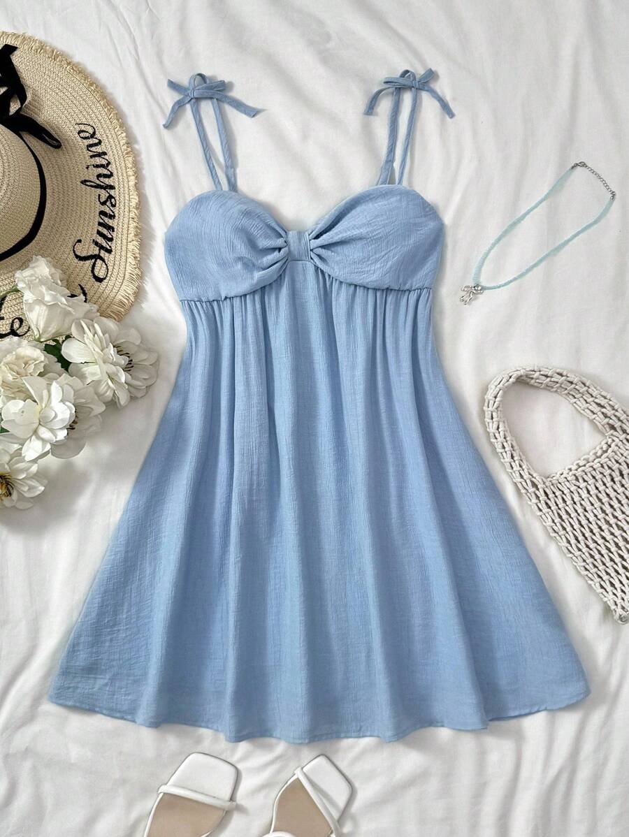 SHEIN Váy dây mảnh màu trơn thường ngày cho bé gái tuổi teen mùa xuân và mùa hè, trang trí nơ, dễ thương/nữ tính - Màu xanh nhạt - Xem 1