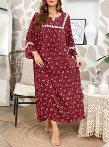 Serenescape Plus Size Women Casual Floral Embroidered Decor Round Neck Plus Size Nightgown, Moo Moo, For Fall & Winter, Cozy Outfits - Burgundy - View 6