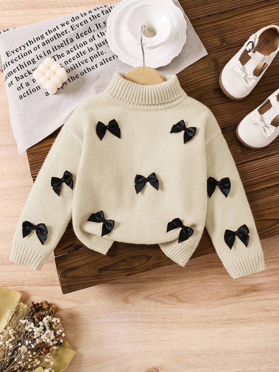 LMoss Kids LMoss 女童立领宽松休闲3D蝴蝶结装饰毛衣,女童服装,毛衣,女童冬装,女童蝴蝶结毛衣,带蝴蝶结的毛衣,蝴蝶结上衣,蝴蝶结毛衣,女童蝴蝶结毛衣,秋季毛衣 - 杏色 - 查看 1