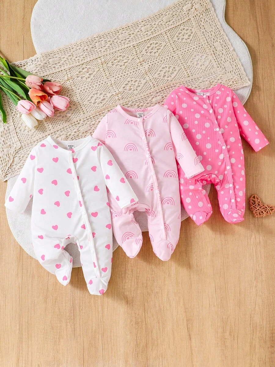 SHEIN 3件套新生儿可爱柔软全印花按扣连体衣秋冬装