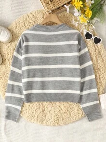 SHEIN Teens' Casual Loose Fit Colorblock Striped Round Neck Pullover Sweater Fall Winter - Grey - View 2