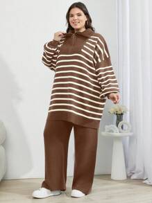 SHEIN Cottnline Women's Houndstooth Drop Shoulder Button Down Cardigan Sweater And Pants 3-Piece Set - Camel - View 4