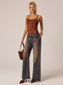 SHEIN Forever 21 橙色印花图案背心万圣节秋季女士外出上衣女士上衣西部装女士乡村音乐会 Y2k 上衣可爱上衣俱乐部紧身胸衣上衣音乐会朋克辣妹街头服饰俱乐部 - 棕色 - 查看 6