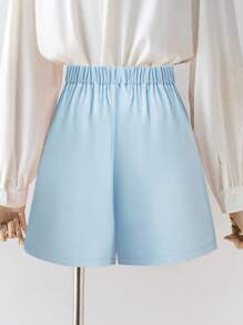 SHEIN Tall 全新女式梭织面料褶皱 A 字型前拉链后松紧腰修身中腰休闲短裤 - 藍色 - 查看 2