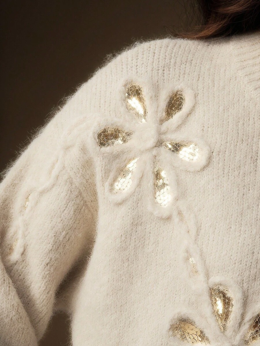 Anewsta Áo len thêu hoa sequin, Thích hợp cho mùa thu, đông, năm mới, Thanh lịch, Sang trọng, Phong cách, Giáng sinh, Đi chơi, Quần áo mùa đông cho nữ, Ấm áp - Màu be - Xem 1