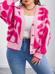 SHEIN CURVE+ Kontrast-Farbige Große Größen Einreiher Sexy Strick Cardigan, Herbst/Winter Große Größen Rosa Cardigan Rosa Cardigan Damen Rosa Pullover Süßer Cardigan Y2k Große Größen Cardigan Herbst Kleidung für Damen, Winter, CURVE PLUS