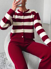 EURMUSE 2pcs Women Casual Everyday Cardigan And Pants Suit, Colorblock Striped,Loungewear Set,Petite,Winter Clothes - Burgundy - View 4