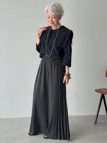 FRIFUL Women's Solid Gray Elastic Waist Side Pleated Casual Versatile Wide Leg Pants Fall - Grey - View 2