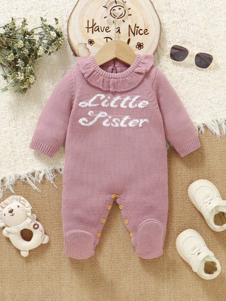SHEIN Newborn Baby Knitted Romper With Floral Lace Collar, Casual English Letter Intarsia Design, Soft & Adorable Overall Jumpsuit Baby Girl Knit Romper Baby Knit Jumpsuit Little Sister Romper Baby Girl Winter Romper Baby Girl Long Sleeve Romper Newborn Baby Girl Clothes Newborn Knitted Romper Newborn Cozy Knitted Sweater Newborn Autumn And Winter Clothes Little Sister Newborn Baby Pink Bow Baby Outfit Baby Girl Long Sleeve Outfit Newborn Girl Winter Sets Fall - Pink - View 4
