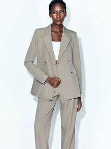 Maija 女士纯色泼墨印花翻领长袖双排扣夹克和裤子两件套休闲西装套装女式西装女式裤装西装外套套装女式西装两件套女式两件套商务休闲女装，秋季女装 - 卡其色 - 查看 5