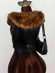 Amplova Women's Vintage Edgy Runway V-Neck Fluffy Cropped Jacket With Asymmetric Hem PU Leather In Fall/Winter - Multicolor - View 7