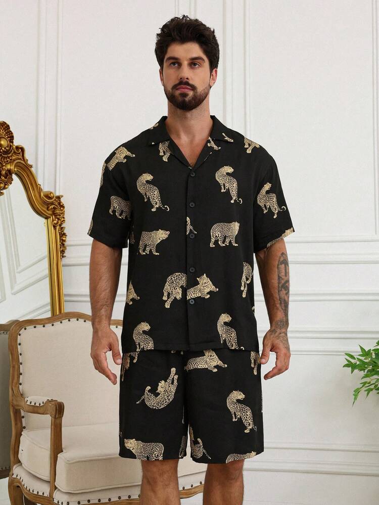 Men's Leopard Allover Print Shirt & Shorts Pajama Set, Summer Loungewear