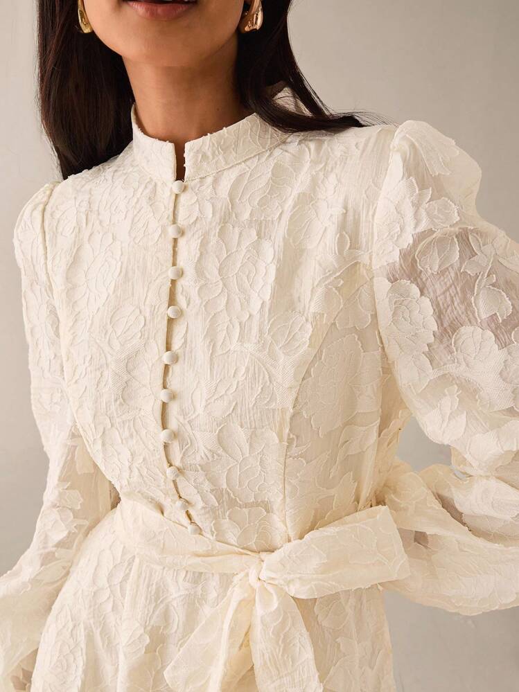 Lilora Elegant Sweet Jacquard Texture Premium Quality Stand Collar Cinched Waist Big A-Line Front Button Puff Lantern Sleeve Short Women's Dress, Spring/Summer Creme Dress Victorian Vintage Style Dress French Style Dress Ivory Dress Urban Style - Beige - View 6