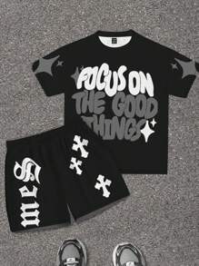 SHEIN Bolty 2pcs/Set Tween Boy Casual Minimalist "Focus On The Good Things" Short Sleeve Round Neck Outfit, Suitable For Summer - Multicolor - View 2