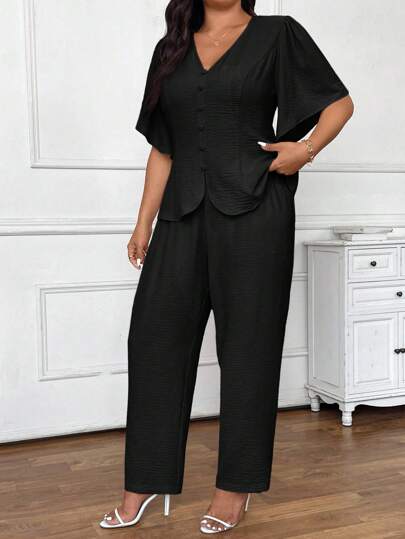 SHEIN Frenchy Plus Size Women Single-Breasted Ruffled Sleeve Jacket And Pant Suit Set,Holiday Outfits For Women In Fall/Winter