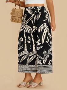 Travachic Falda para mujer talla grande de dos tonos con estampado geométrico y floral estilo bohemio y casual de vacaciones con flecos y nudo, otoño