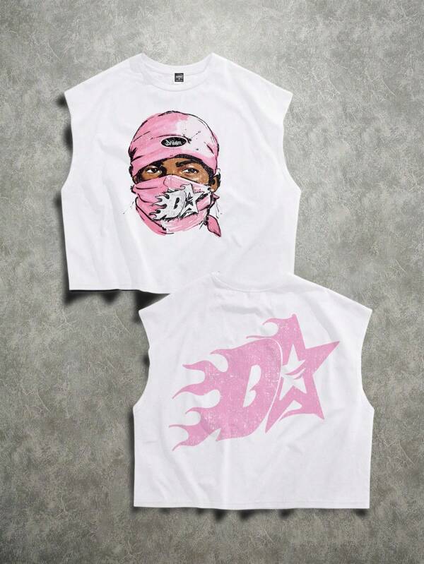 Manfinity ZONE917 Men's Street Style Oversized Loose Fit Pink Graphic Printed Hip Hop Sleeveless Tank Top, Suitable For Summer