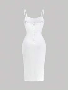 SHEIN MOD Women's Solid Color Bust Pleated Asymmetric Hem Spaghetti Strap Denim Dress White Corset Dress White Bustier Dress White Midi Dress White Curve Dress White Rehearsal Dinner Dress - White - View 2