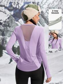 SHEIN Sports Women's Solid Color Splicing Mesh Sports Yoga Slim Running Outdoor T-Shirt - Violet Purple - View 1