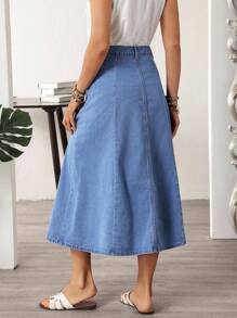 EMERY ROSE Chân váy denim đơn hàng túi hộp thường ngày cho nữ - Màu xanh lam - Xem 9