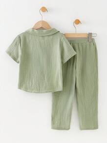 SHEIN 2pcs/Set Kids Boys Summer Casual Pullover Short Sleeve Top And Pants Set,Suitable For School,Garden,Beach,Birthday,Spring,Autumn,Winter Seasons - Mint Green - View 4
