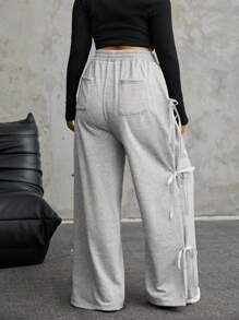 SHEIN EZwear Quần nỉ thể thao thường ngày rộng rãi có nơ trang trí cho nữ cỡ lớn - Xám - Xem 2