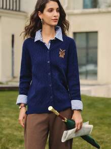 Briarwyn 女式字母图案长袖单排扣休闲针织开衫，秋装，返校服，复古风女装，女式教师装，羊毛开衫 - 藏蓝色 - 查看 4