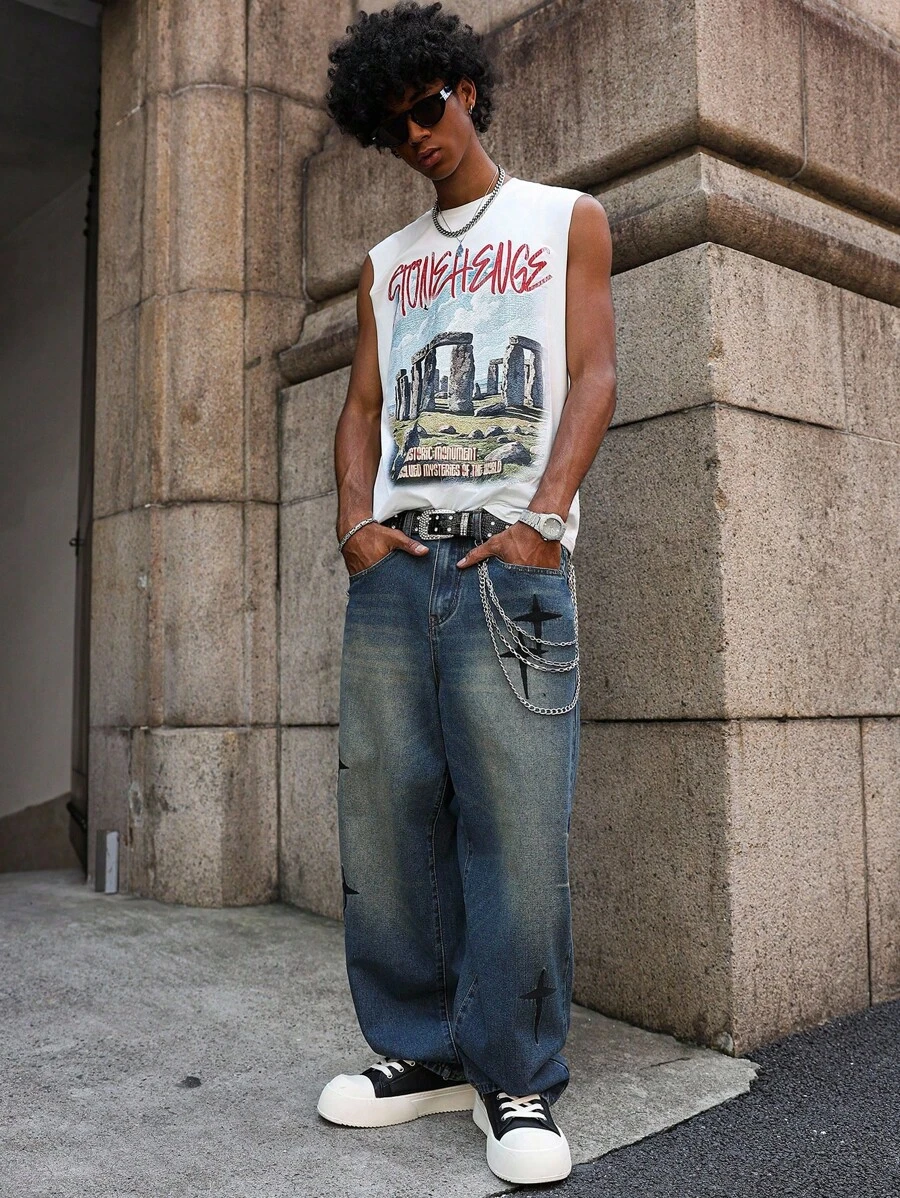 Major Grit Manfinity Streetrush Korean Style Straight Leg Loose Jeans With Embroidery, Street Fashion Men Baggy Jeans - Blue - View 1